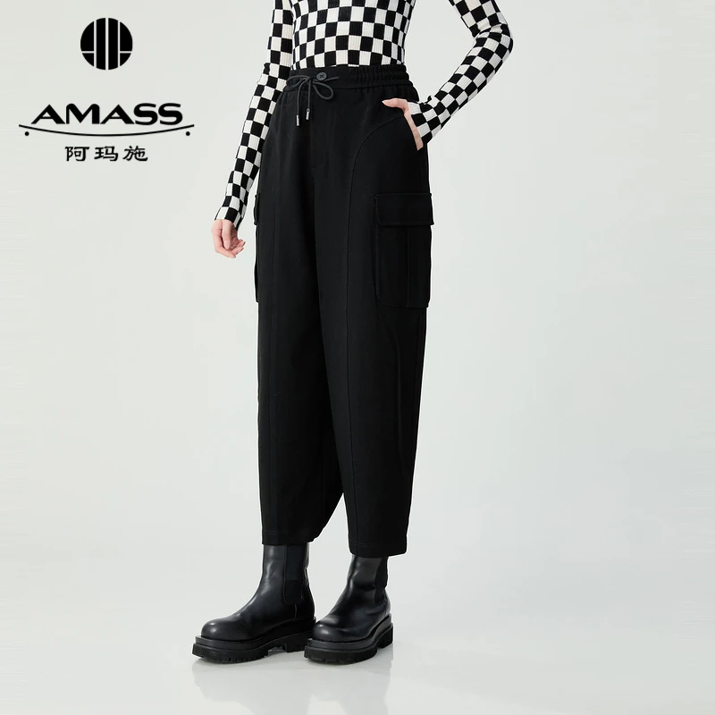 AMASS/阿玛施时尚休闲工装侧口袋系带松紧腰哈伦裤长裤5100509