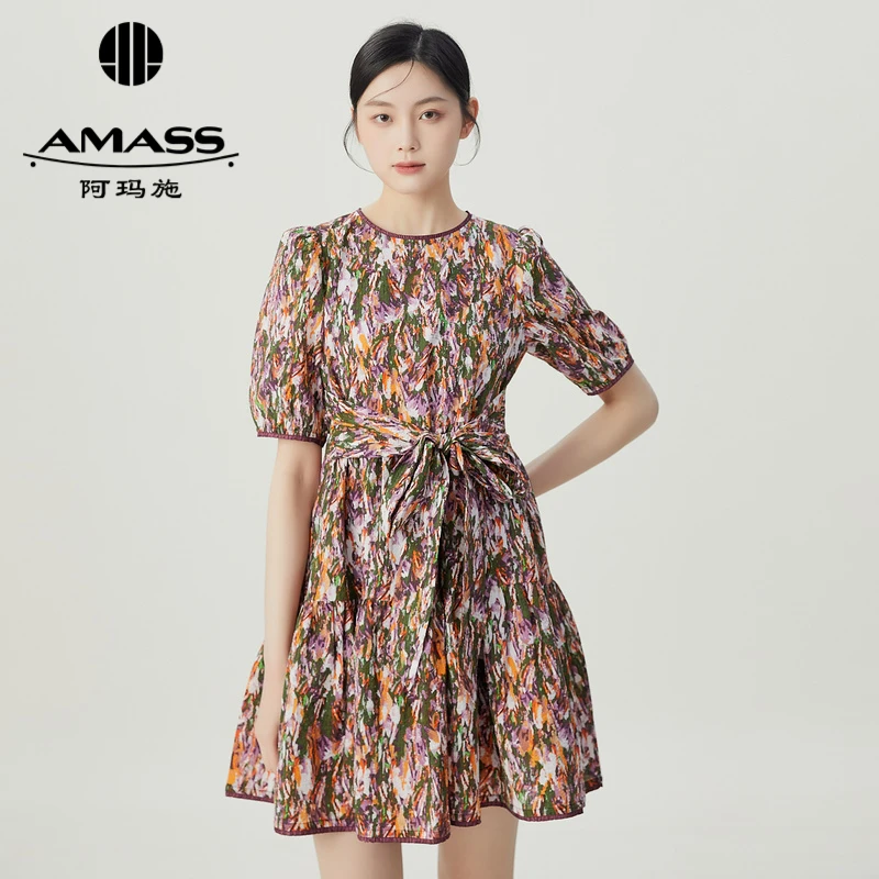 AMASS/阿玛施新款气质显瘦复古浪漫印碎花短袖洋连衣裙子5500519