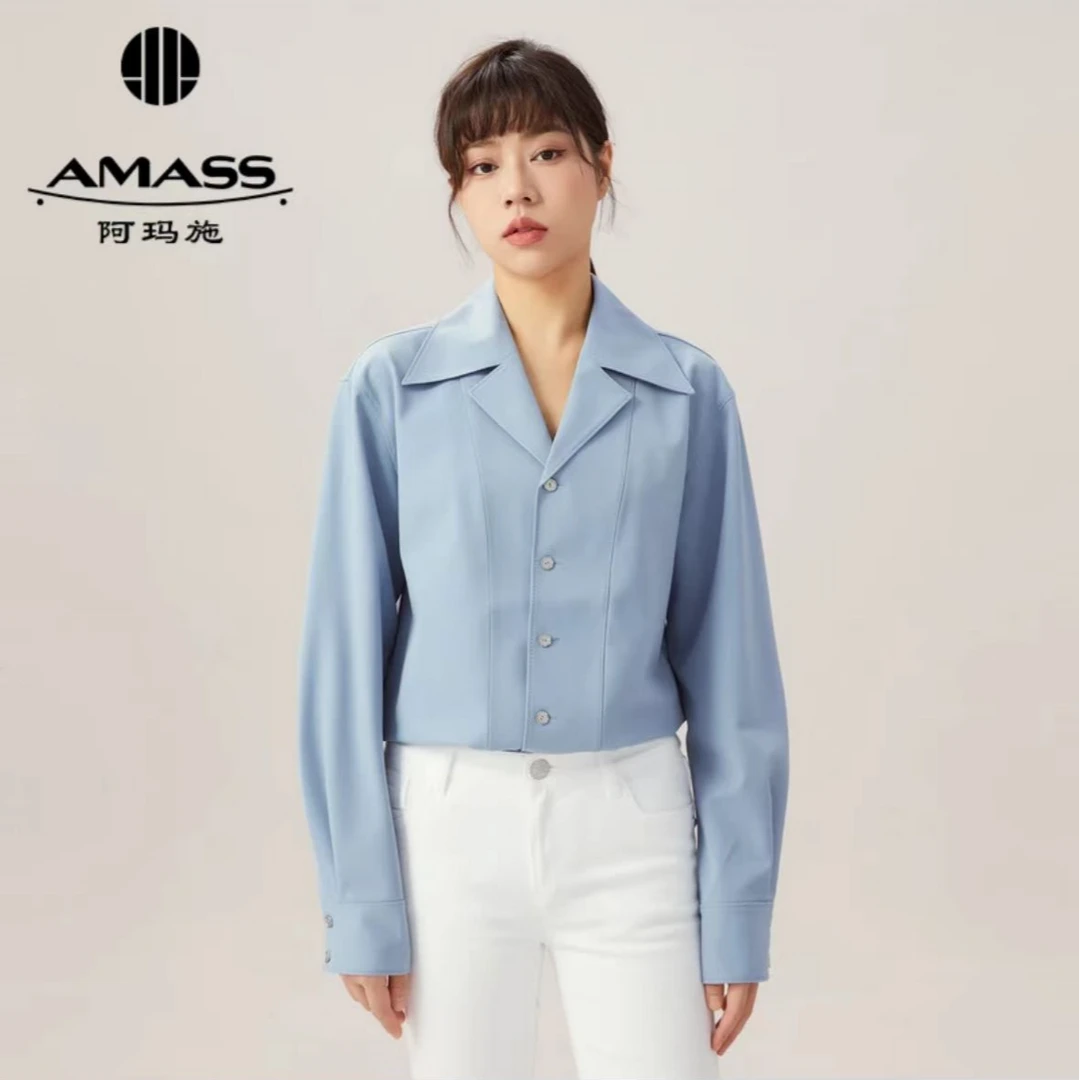 AMASS/阿玛施春季内搭大翻领纯色高贵宽松长袖绵羊毛衬衫5300924