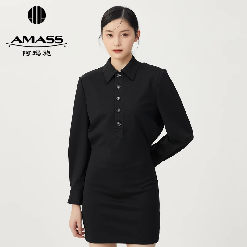 AMASS/阿玛施新款气质显瘦收腰长袖纯色连衣短裙连衣裙子5500472