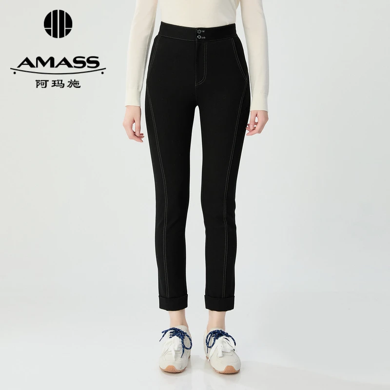AMASS/阿玛施新款高腰紧身简约休闲修身显瘦九分弹小毛呢直筒裤
