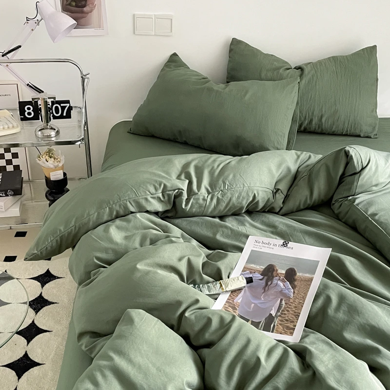 双层纱棉麻四件套拼色简约床单被套单双人 亲肤母婴级套件