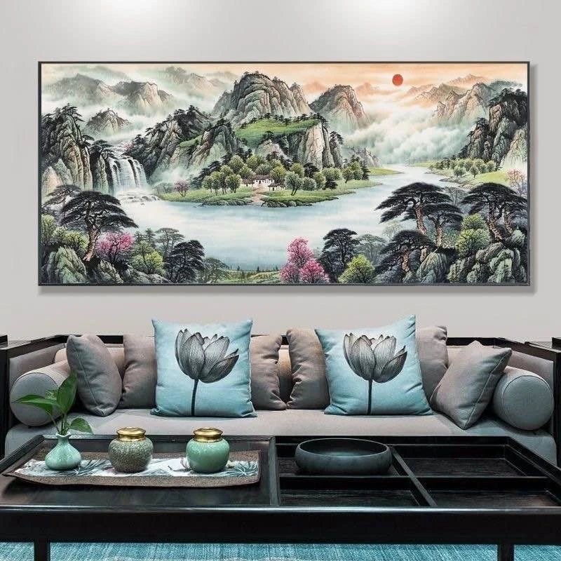 横幅客厅沙发旭日东升，聚宝盆。八方来财。沙发背景晶瓷镶钻装饰画