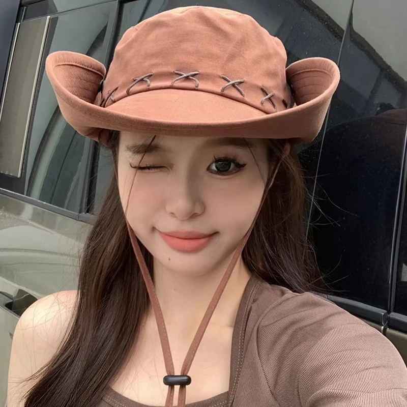 西部牛仔帽子春夏季女防晒遮阳帽美式复古户外露营大檐辣妹登山帽