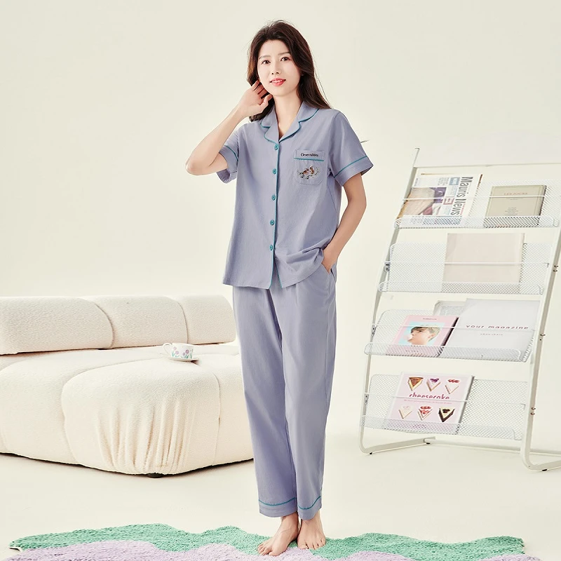 芬腾【淑女100%棉】夏季翻领刺绣短袖长裤纯棉睡衣套装女家居服