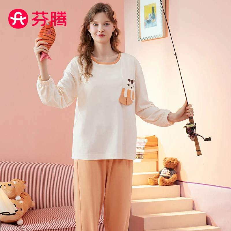 芬腾纯棉自带罩杯秋季圆领可爱小猫休闲外穿长袖家居服套装女睡衣