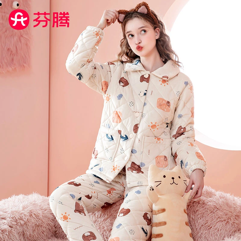 芬腾【防静电温暖夹棉】秋冬翻领小熊长袖开衫女士家居服睡衣套装