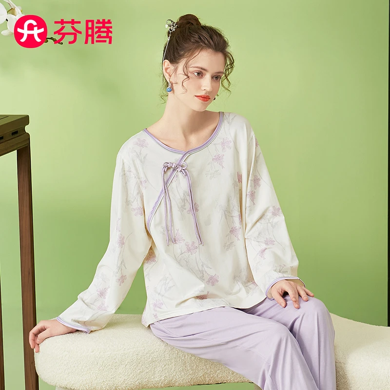 芬腾【国风花卉】春秋圆领盘扣长袖套头典雅家居服睡衣女士套装