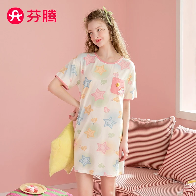 芬腾【100棉甜美风】夏季薄款圆领卡通纯棉睡裙女家居服裙子