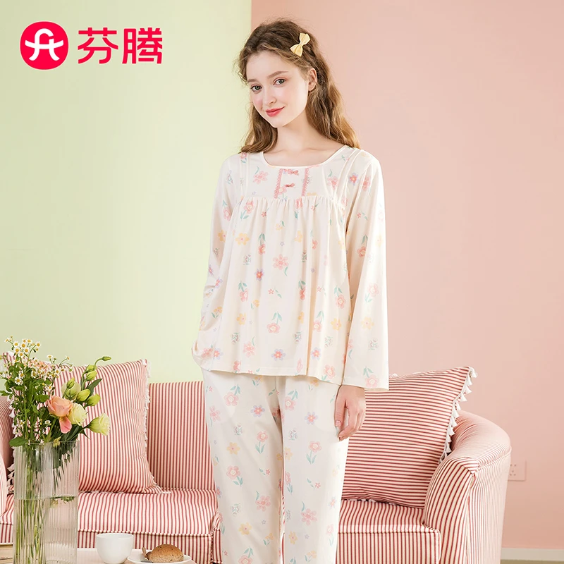 芬腾【新疆爽棉田园风】春季圆领碎花纯棉长袖家居服套装女睡衣