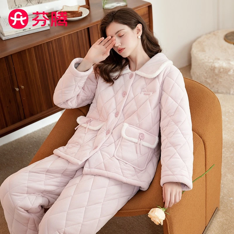 芬腾冬季夹棉保暖格子简约睡衣套装大码长袖家居服FJ25950148