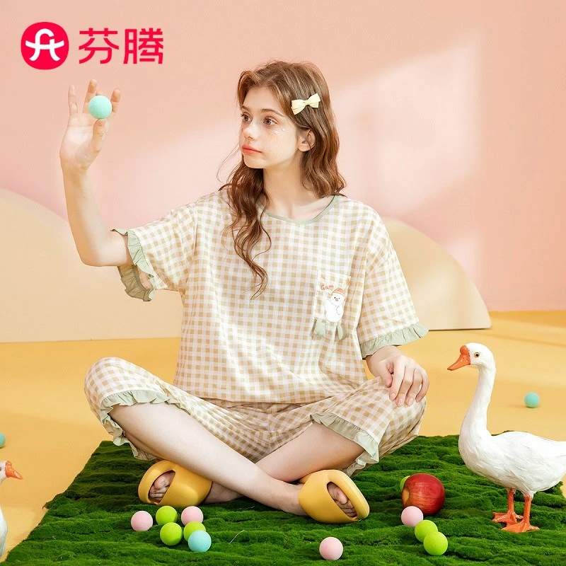 芬腾【透气全棉可外穿】春夏休闲圆领清新短袖家居服内衣女士睡衣