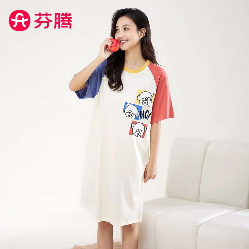 芬腾【萌趣熊宝纯棉透气】春夏时尚圆领短袖家居服内衣女士睡裙女