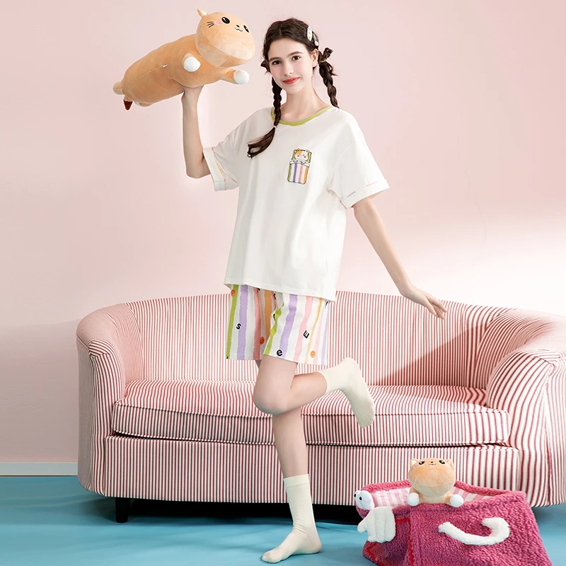 芬腾【透气全棉少女】夏季包边圆领小猫咪短袖家居服套装女睡衣