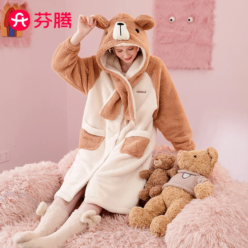 芬腾【连帽小熊南芙泡绒】 250g秋冬围脖睡裙长袖家居服女裙子