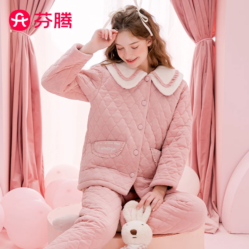 芬腾【三层夹棉防静电】200g秋冬翻领长袖厚实睡衣套装女家居服