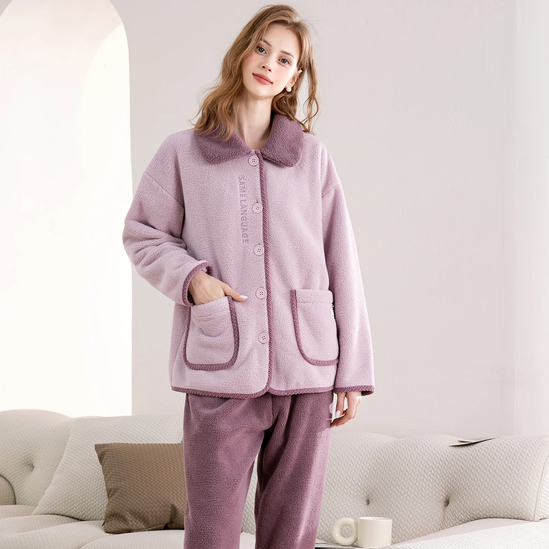 芬腾【双面暖绒防静电】310g秋冬翻领长袖仿羊羔绒睡衣女J98441189