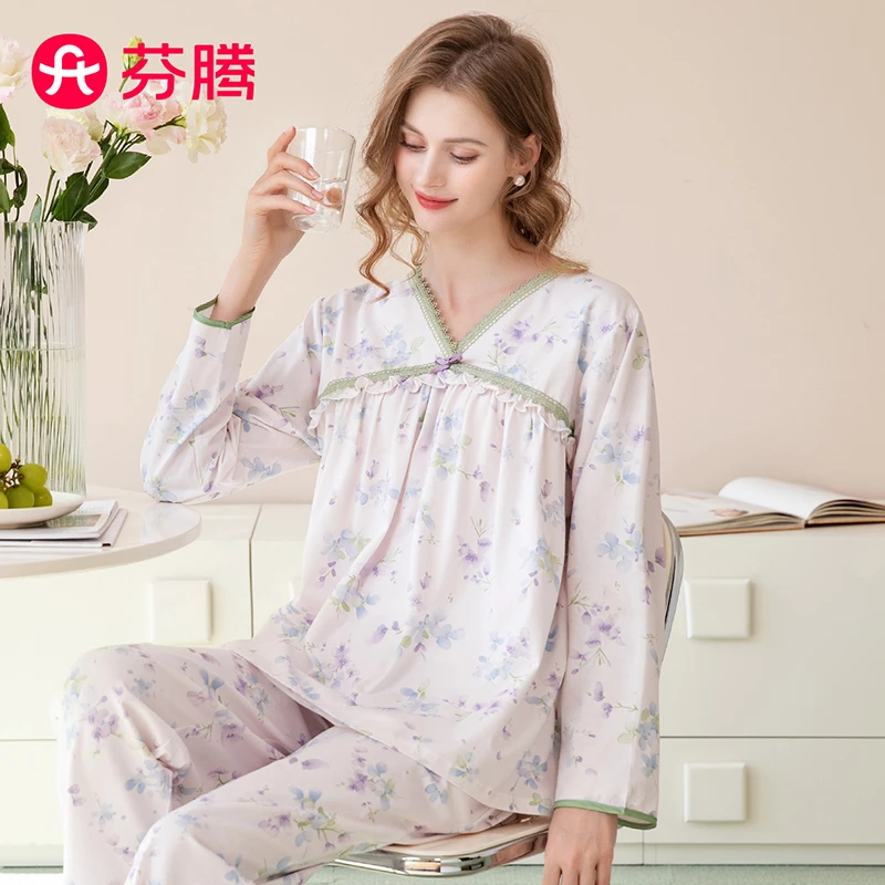 芬腾【100%新疆爽棉】春秋V领长袖套头优雅家居服睡衣女士套装女