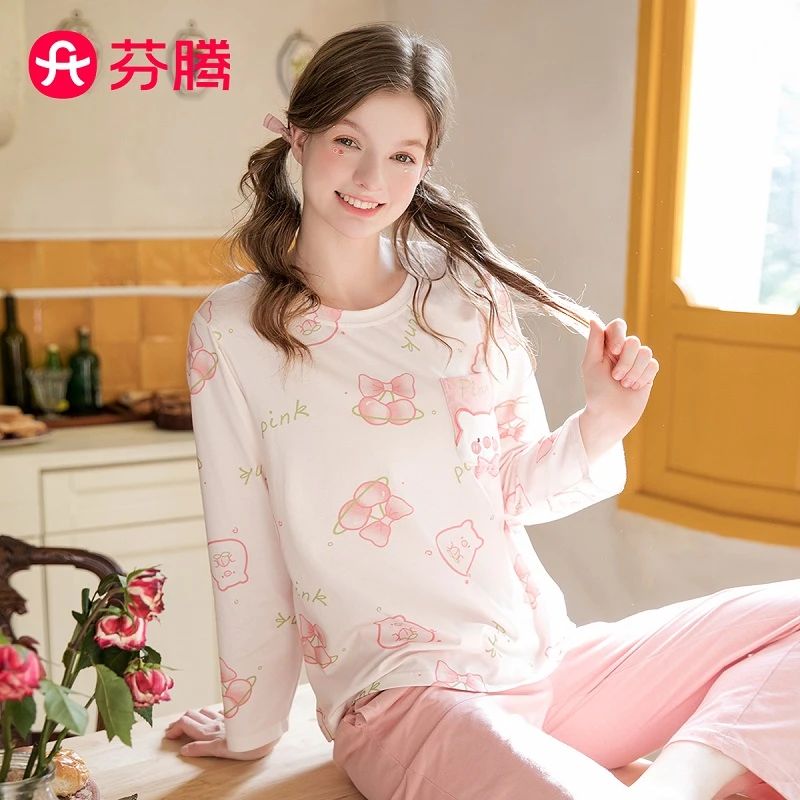 芬腾【纯棉卡通少女】春秋圆领套头长袖粉色系家居服女士睡衣套装