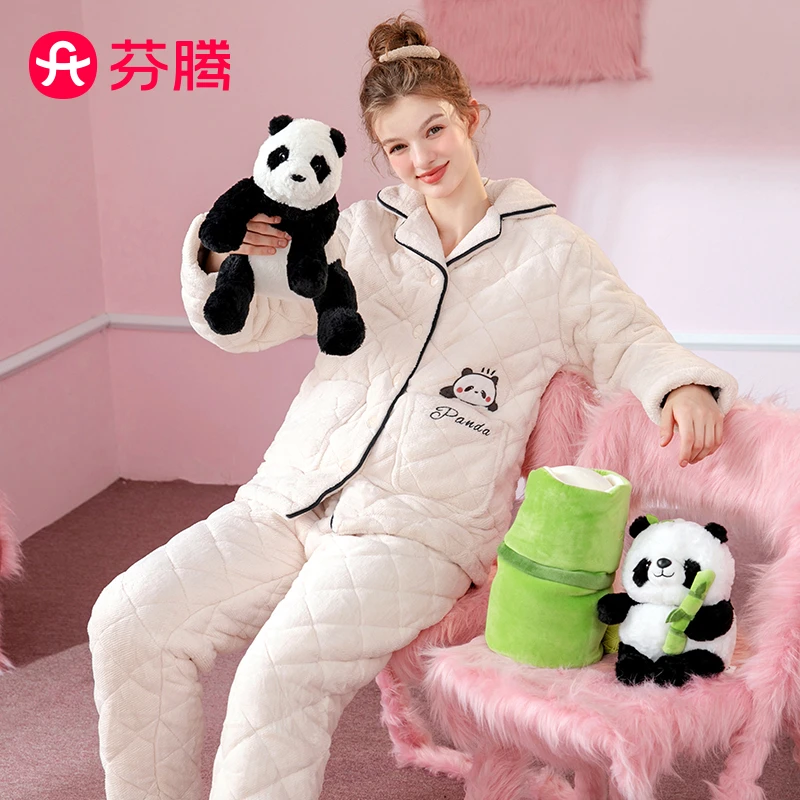 芬腾【防静电三层夹棉】秋冬翻领熊猫开衫英文家居服女士睡衣套装