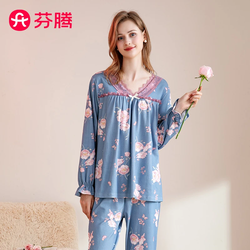 芬腾40支纯棉早秋花卉V领蕾丝荷叶边衣袖睡衣女家居服女士套装