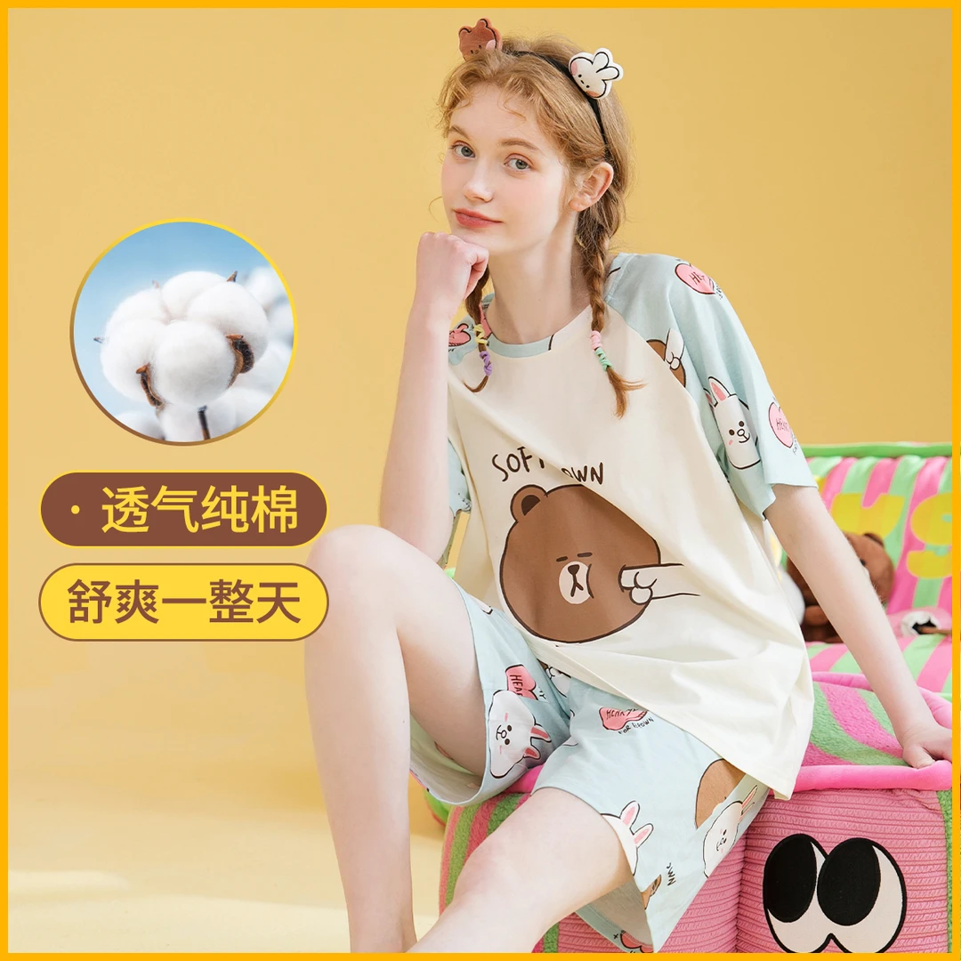 芬腾布朗熊IP联名夏季圆领100棉透气短袖家居服女士睡衣套装