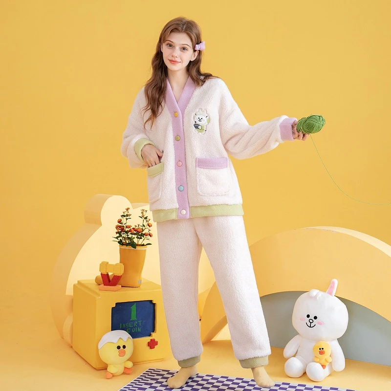 芬腾【可妮兔IP】250g秋冬V领双面暖绒长袖睡衣套装女士家居服