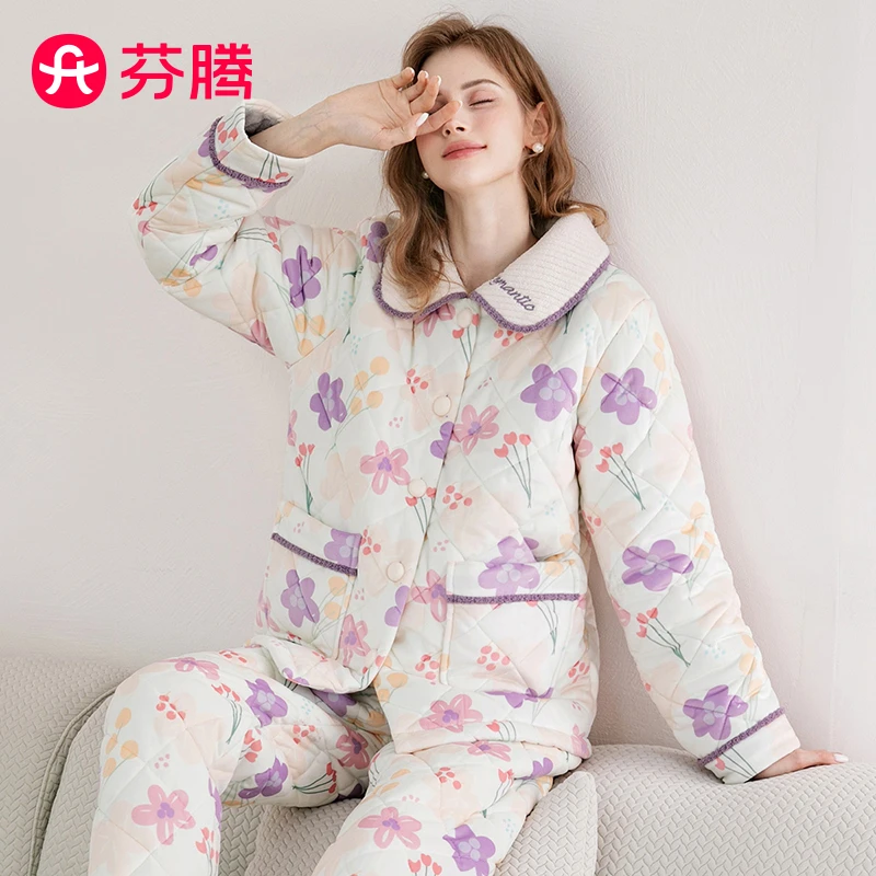 芬腾【温暖夹棉防静电】秋冬翻领开衫花卉系扣家居服女士睡衣套装