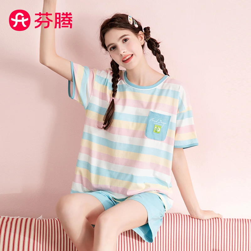 芬腾【100%棉条纹】夏季圆领短袖套头可外穿家居服女士睡衣套装女