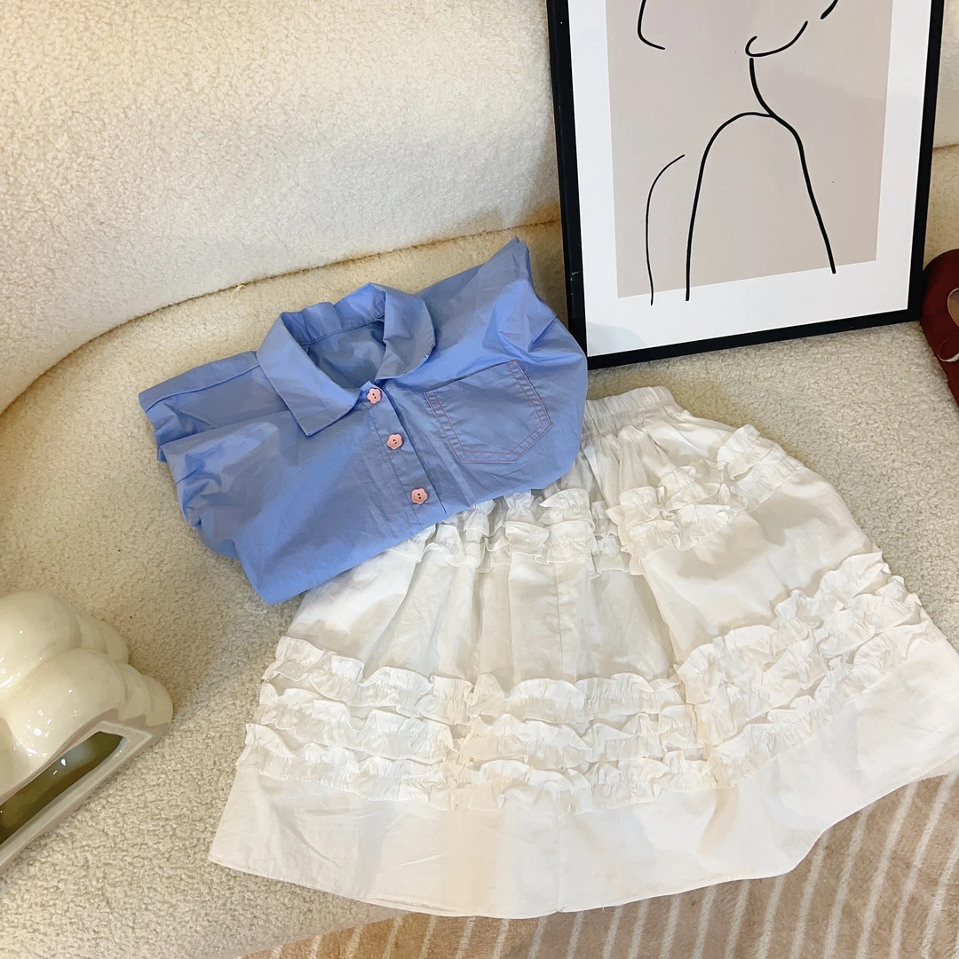 【现货】2025夏季新款女童纯色泡泡袖衬衫+米白色半身裙韩版0714