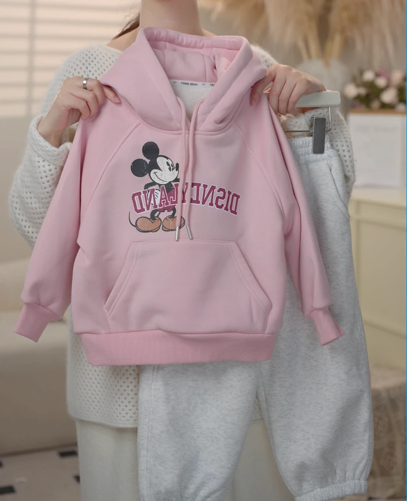 2024冬季韩版女童卡通连帽加绒卫衣加绒裤套装241111A