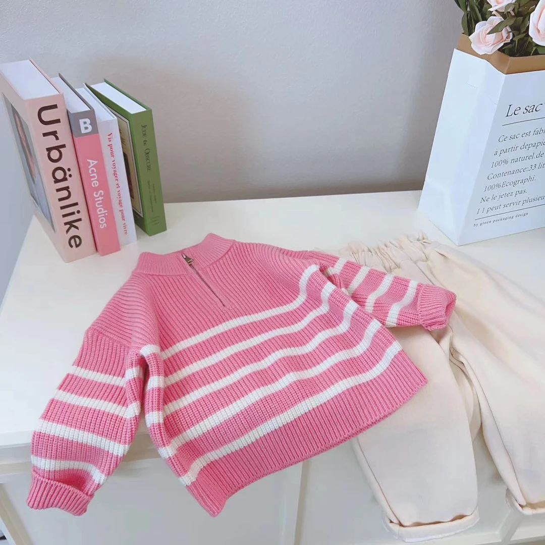 【多喜乐】2023冬季新款女童韩版加厚条纹套头毛衣时尚