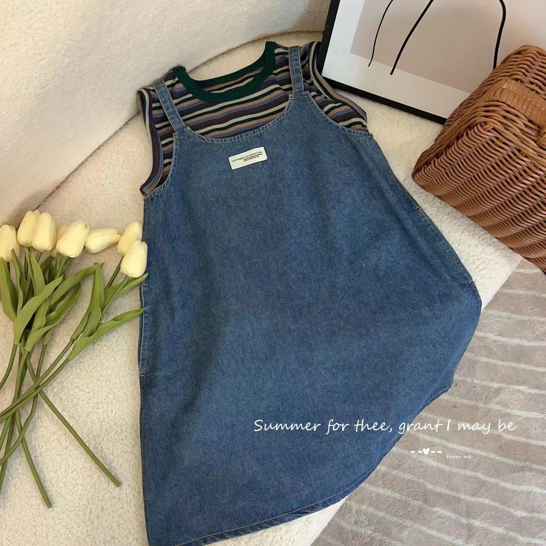 （现货）夏季新款女童薄款牛仔吊带裙+条纹背心套装时尚ZC0328