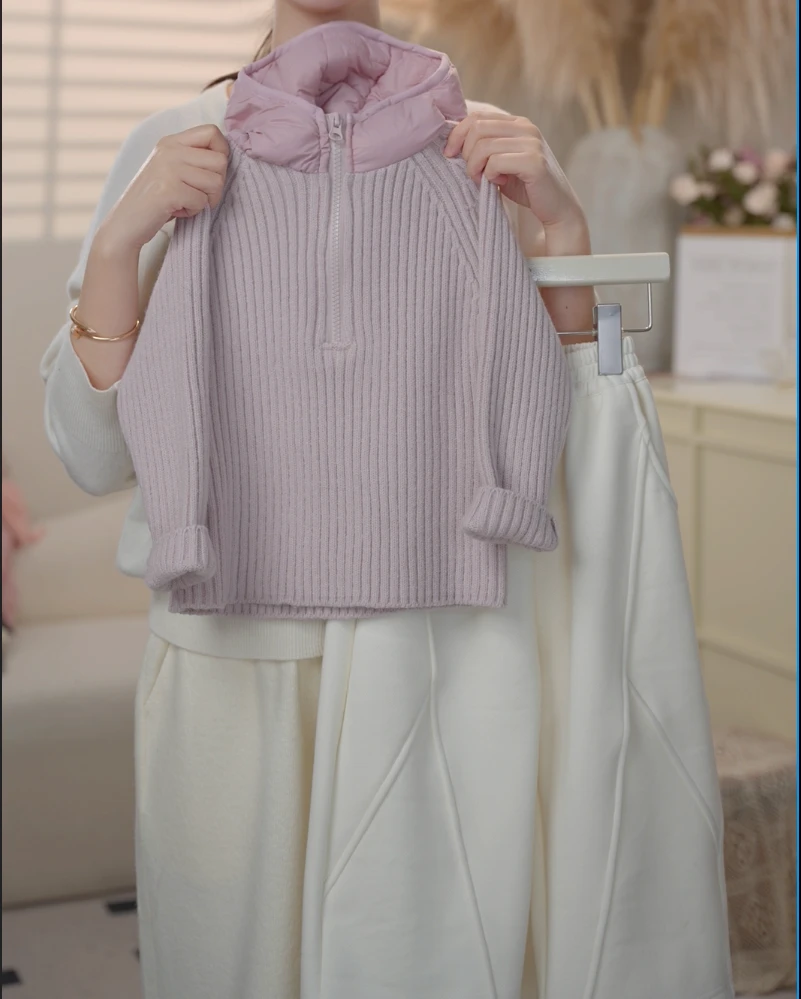 2024冬季韩版儿童香芋紫连帽毛衣加绒裤套装加厚时尚洋气241102B