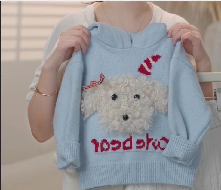 （现货）2024冬季韩版女童卡通小狗连帽毛衣241103E