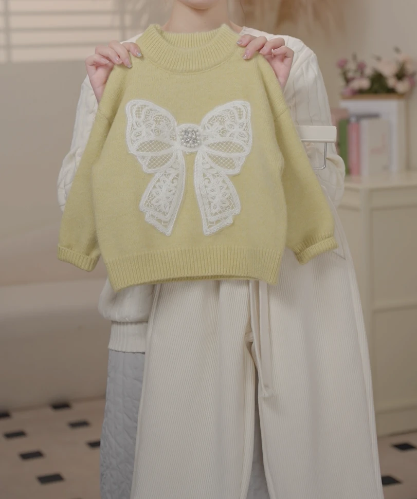 2024冬季韩版儿童嫩黄色蝴蝶结毛衣加绒裤套装百搭休闲241213A·