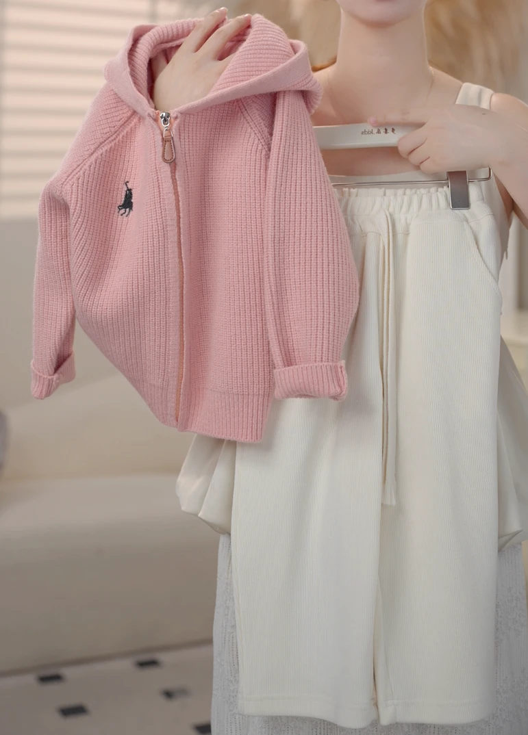 2025春季新款儿童粉色连帽小标拉链毛衣阔腿裤时尚套装0925B
