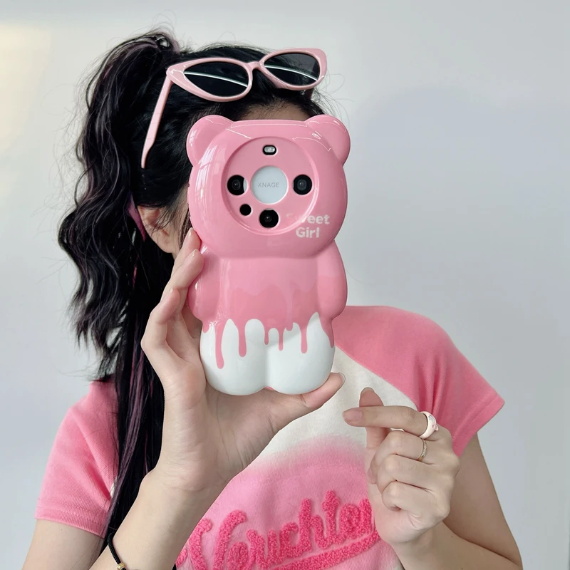 适用华为mate60pro+手机壳mate60立体可爱粉色奶油小熊苹果15/14
