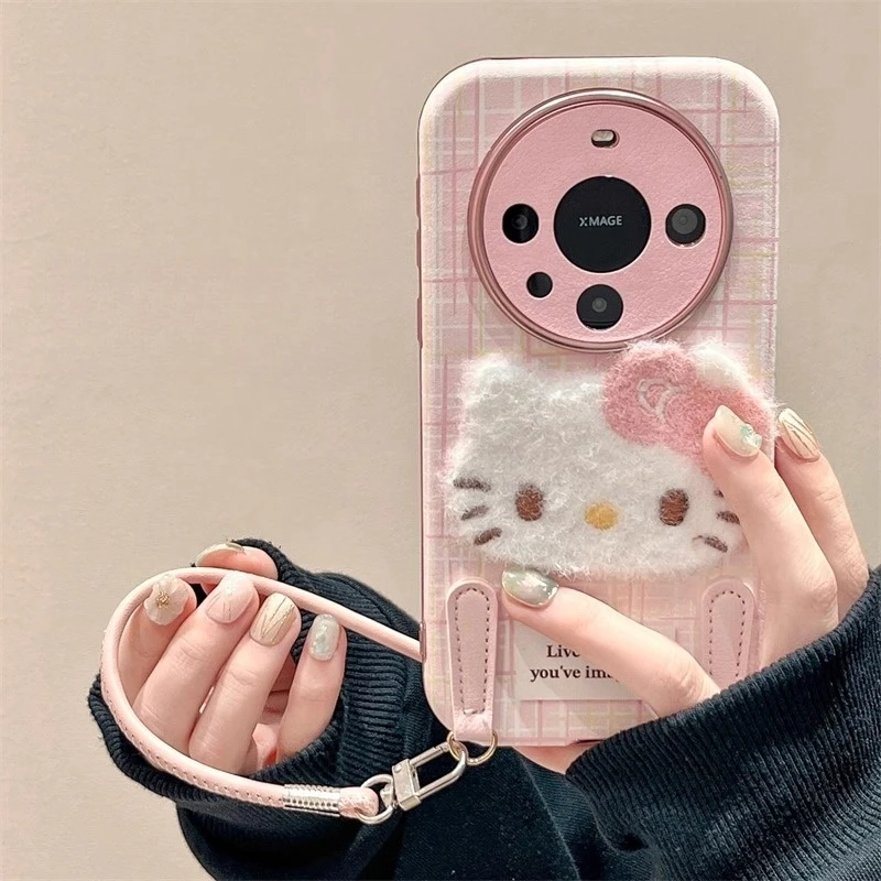 粉色KT猫适用华为mate60pro+手机壳mate50/40pro皮纹pura70/60pro