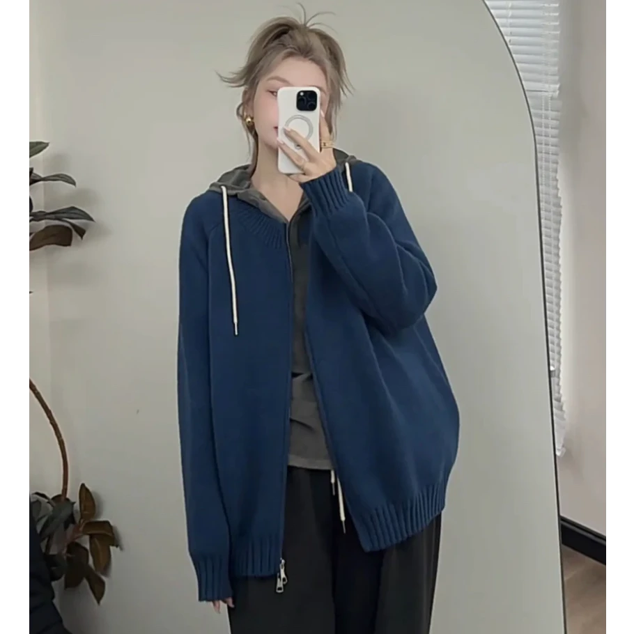 【肉肉】慵懒风拉链针织衫女秋冬新款毛衣外套设计感圆领开衫 S0879