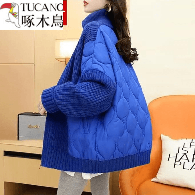 啄木鸟夹棉拼接棉服外套开衫女2023秋季厚外穿宽松大码针织衫减龄