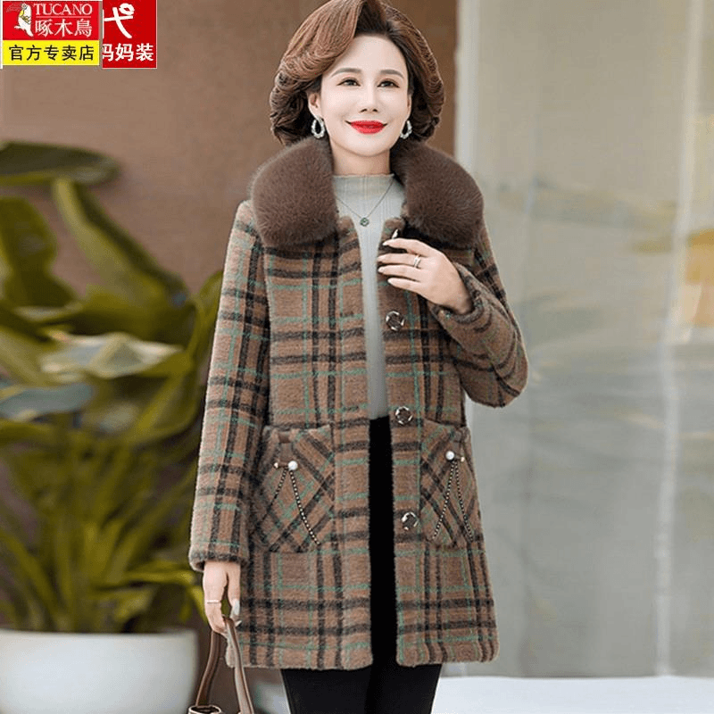 新款妈妈秋冬装加厚中长款水貂绒大衣中老年女装冬季加绒毛呢外套