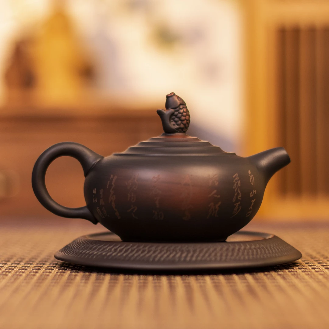 紫陶年年有鱼壶250毫升手制刻渔翁图如意壶大容量泥壶纯半手工C73