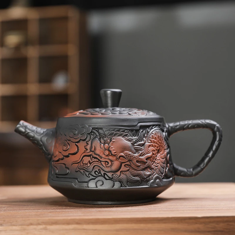 迎客-紫陶浮雕古龙石瓢壶（陈荣火）250ml 礼盒装 ZH153