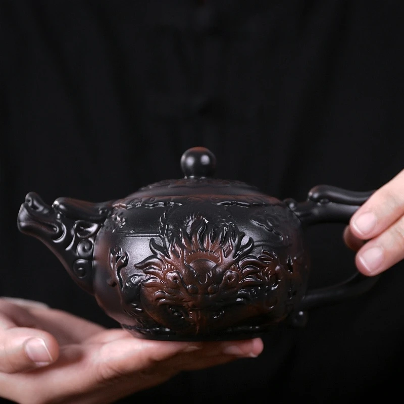 浮雕紫陶龙纹凤鸣壶大容量家用中式纯手工泡茶壶复古紫砂壶C77