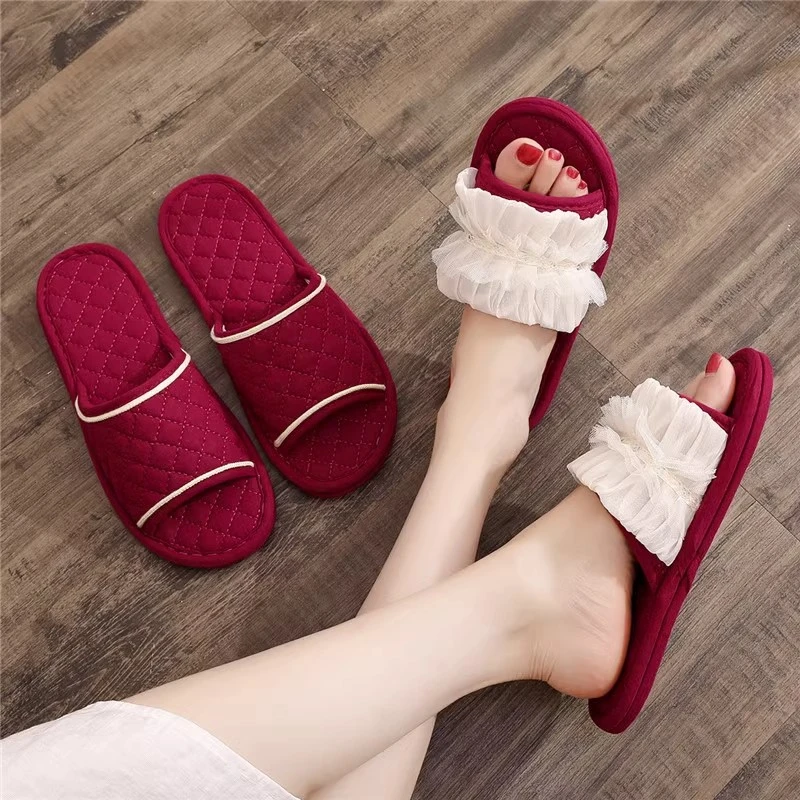 新款蕾丝花边家居布底室内静音男女情侣款拖鞋地板地砖秋冬春四季