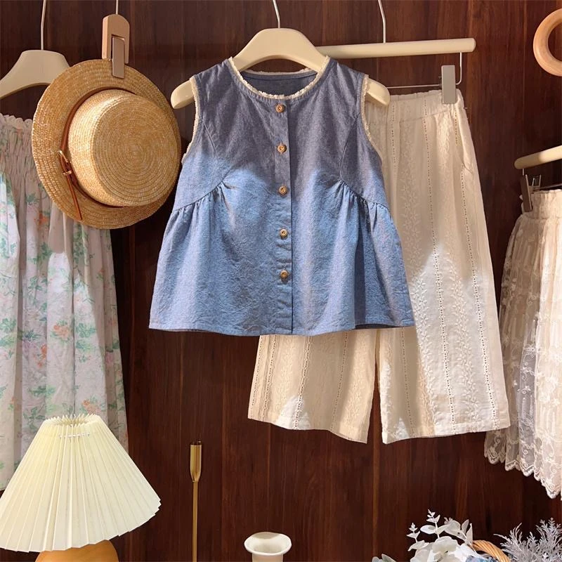 女童夏季套装2025新款儿童女宝法式洋气无袖娃娃衬衫百搭宽松裤子