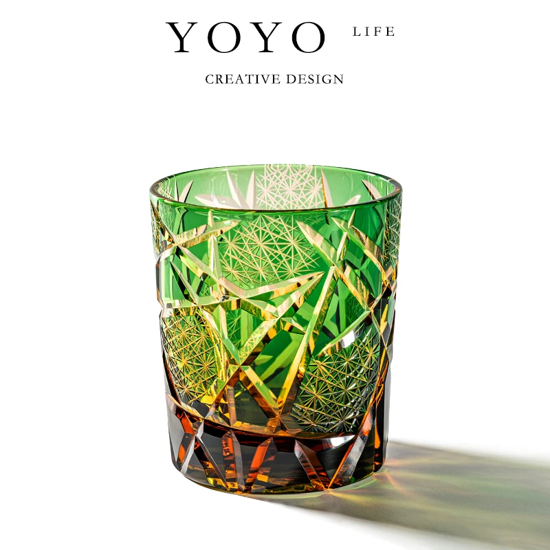 复古日式江户切子琥珀绿闪电手工洋酒杯威士忌酒杯烈酒杯水晶杯