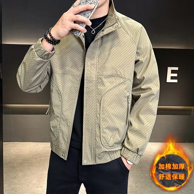 男士外套加厚2024秋冬新款立领加棉夹克男韩版工装外套帅气保暖