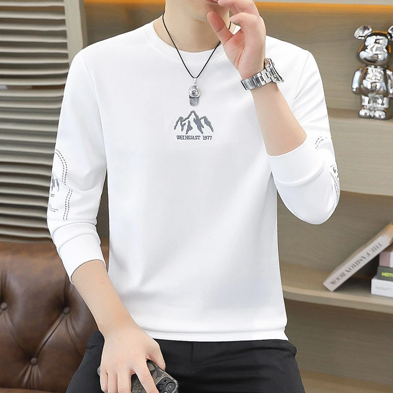 男士打底衫长袖圆领卫衣2024秋冬季新款打底衫雪山刺绣时尚百搭